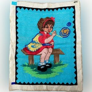 Vintage Young Girl Blowing Bubbles Needlepoint Embroidery Finished Unframed